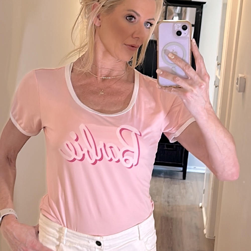 Barbie short sleeve bodysuit Pink & white. has double snaps for closure.Costume